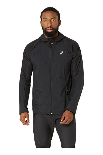Asics 2011D084-001 ROAD PACKABLE JACKET Siyah Erkek Kapüşon Yaka Rüzgarlık