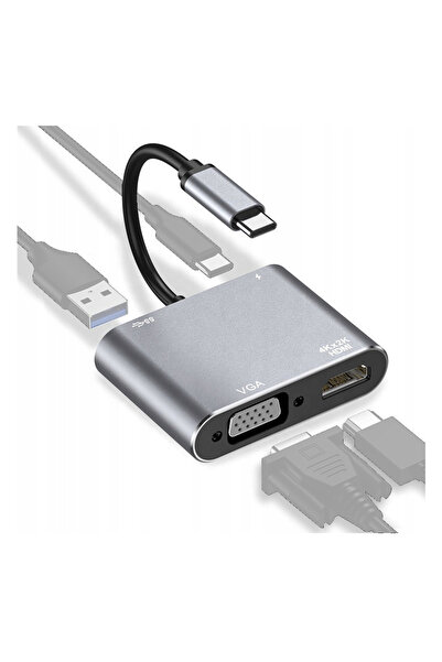 Tradebit Adaptor HUB USB-C HDMI 4k VGA USB 3.0 Power Delivery PD pentru PC/Ma...