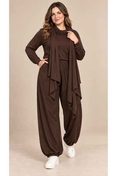 hazelin Women's Plus Size Oysho Fabric Brown Shawl Blouse Elasticated Trouser...