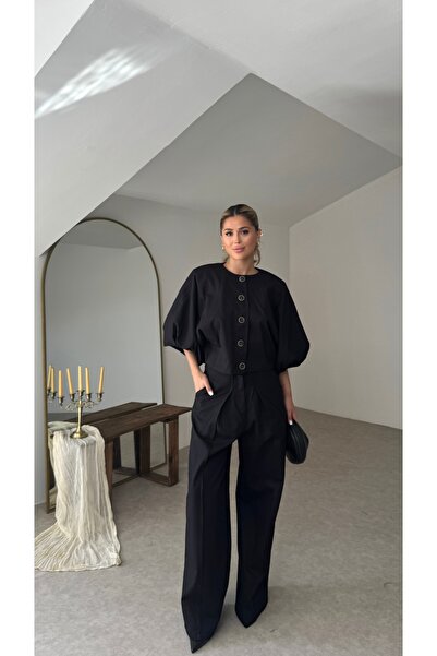 Nesil Belted Balloon Sleeve Set