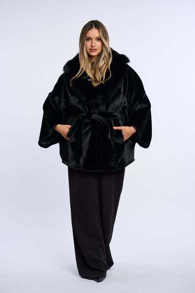 Luxus Palton alcantara stil fluture cu blana de vulpe, negru cu vulpe neagra