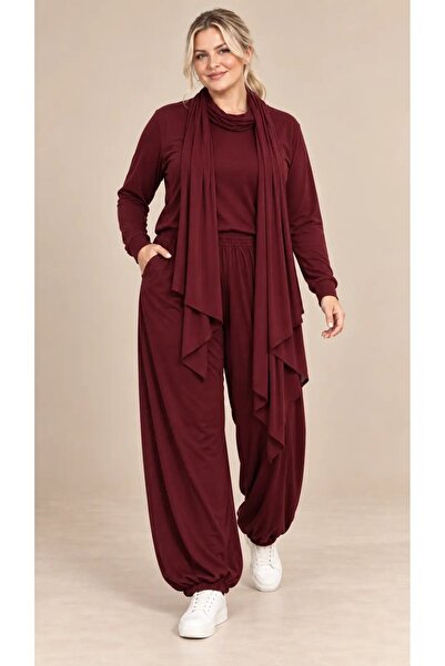 hazelin Women's Plus Size Oysho Fabric Burgundy Shawl Blouse Elasticated Trou...