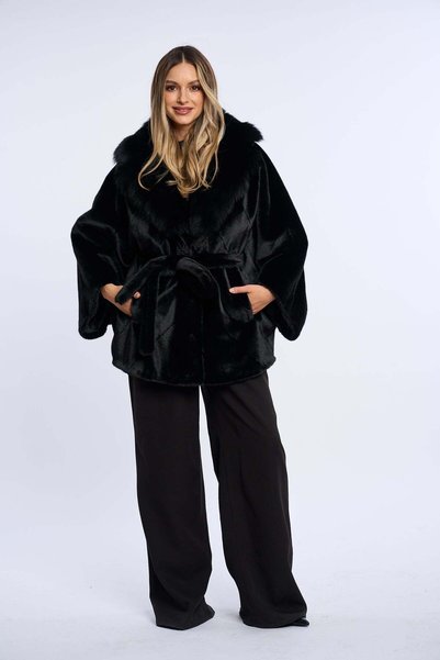 Luxus Palton alcantara stil fluture cu blana de vulpe, negru cu vulpe neagra