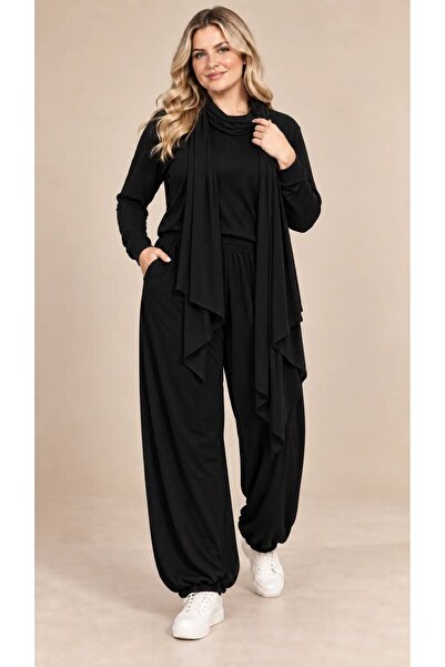 hazelin Women's Plus Size Oysho Fabric Black Shawl Blouse Elastic Pants Three...
