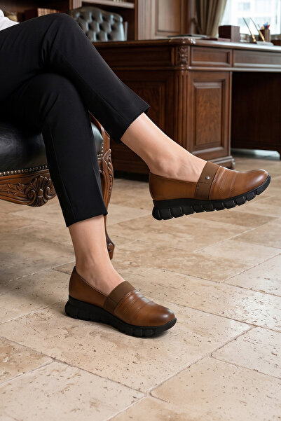 Erkan Saçmacı Lorraine Tan Genuine Calfskin Stretch Wedge Heeled Casual Shoes