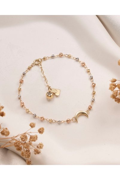 RUEN JEWELS 14 Ayar Altın Hilal Ay Dorika Toplu Bileklik - Minimalist Zarif A...