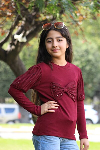 BD FASHIONS Kız Çocuk Büyük Fiyonk ve Taş Detaylı Uzun Kollu Bisiklet Yaka Bluz