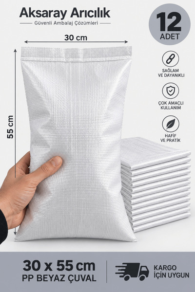Aksaray Arıcılık Beyaz Çuval 30x55 cm 12 Adet Kargo ve Paketleme Çuvalı