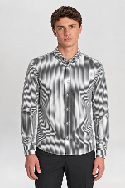 TENA Men's Navy Blue-White Long Sleeve Ripaş Diver Striped Slim Fit Shirt