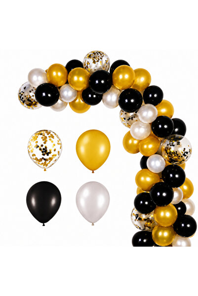 Generic Brand Set arcadă baloane auriu, negru și alb cu confetti – 41 Piese