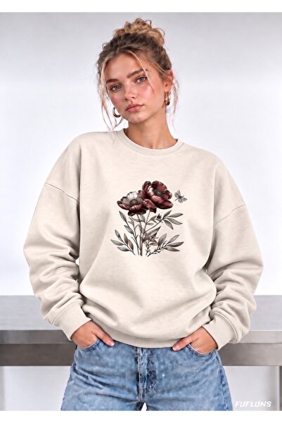 FUFLUNS SWEATSHIRT DE DAMĂ SUPRADimensionat, CU GULER ROTUND, CU IMPRIMEU FLU...
