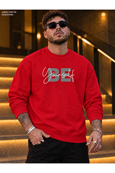 caddekombin Men's Be Yourself Typography and Handwritten Printed Crew Neck Ca...