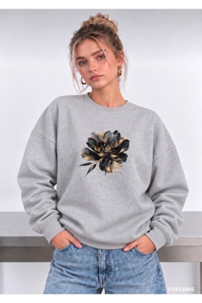 FUFLUNS Black Flower Printed Oversized Women's Crewneck Sweatshirt