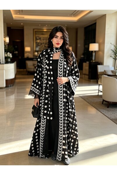 Noon Noora Polka Dot Print Splicing Lace Abaya Set (including headscarf)