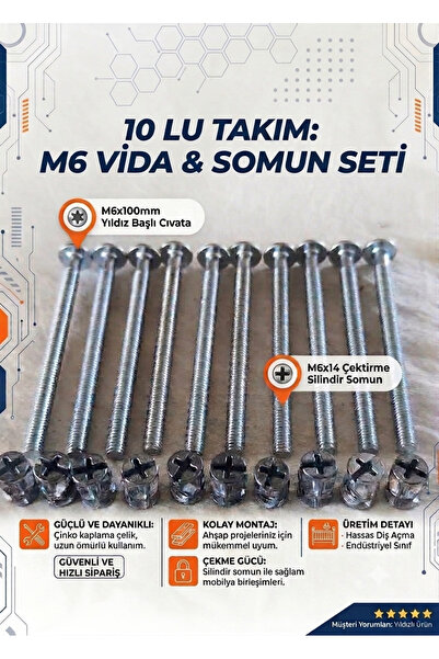 BÜŞ 10 takım M6x100 mm Yıldız Başlı Cıvata ve M6x14 Çektirme Silindir Somun S...