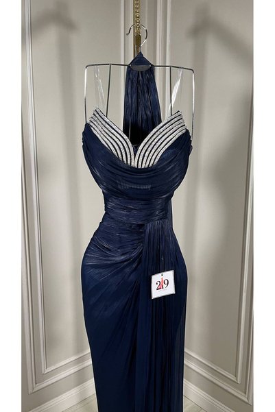 Boutique 219 Navy Blue Evening Gown, Three-Dimensional Draped, Crystal Embellishment, Halter Neckline, Elegant and Luxurious