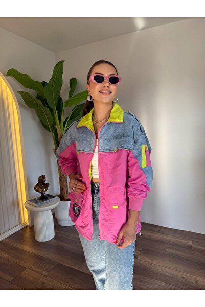 Genel Markalar Kadın Renk Bloklu Kot Detaylı Pilot Ceket - Pembe / Neon Yeşil