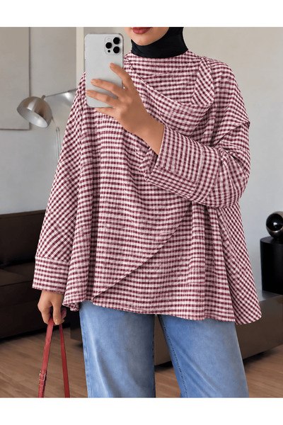 Hepsi Moda Şal Yaka Detaylı İnce Çizgili Mürdüm Bluz