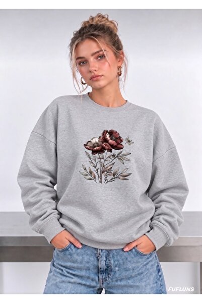 FUFLUNS Butterfly Flower Printed Oversized Women's Crewneck Sweatshirt