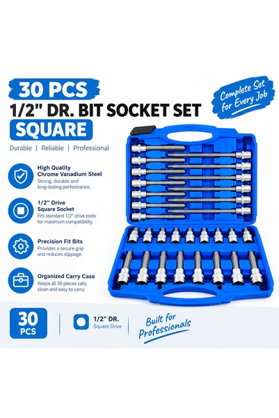 DEFAONS 30 PCS 1/2" Drive Bit Socket Set Square CR-V Steel Long & Short Hex Bits with Carry Case 5220