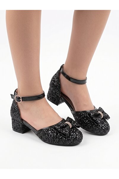 CAMOLLA Black Bowknot Sparkling Princess Girls' Heeled Shoes