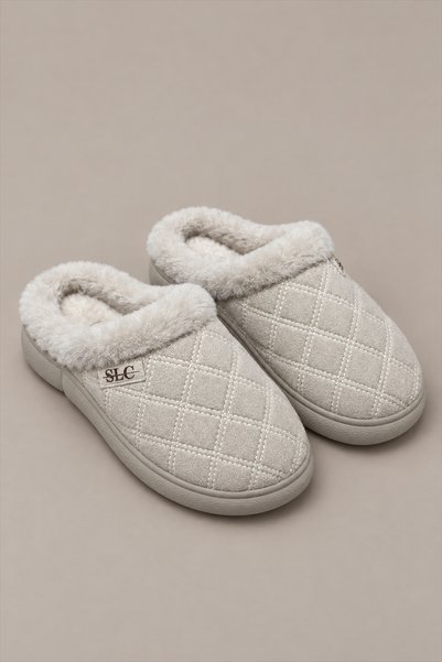 Platana Women's Beige Quilted Fur Lined Winter House Slippers – Casual Comfortable Slippers