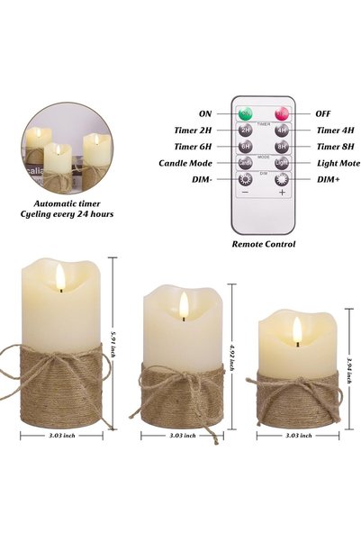 yoyimoore 3-Piece LED Flameless Candle Set Tie Rope LED Candles, Battery Operated for party home Decorations