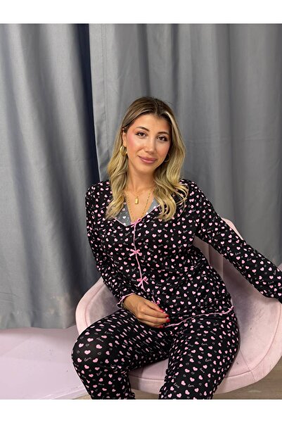 BUTİK PİCAMA Siyah Pembe Kalpli Love Yazılı Kurdele Detaylı Düğmeli Fitilli K...