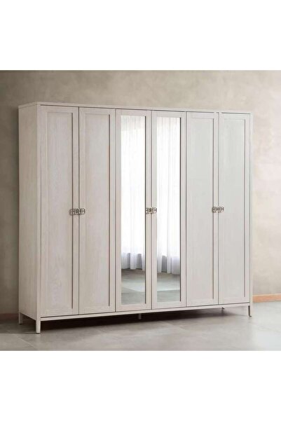 PAN HOME Arceline 6 Doors Wardrobe With Mirror - Light Grey