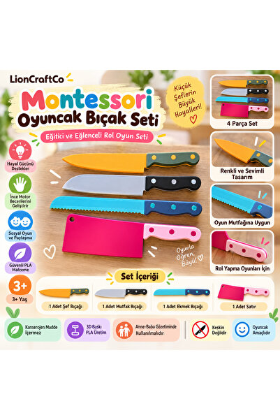 LionCraftCo Montessori Oyuncak Bıçak Seti – 4 Parça Eğitici Mutfak ve Rol Oyu...