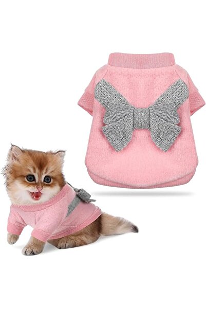 SYOSI Pet Bow Knitwear, Cat & Puppy Dog Jumper, Small Dog Coat (Pink & Gray, M)