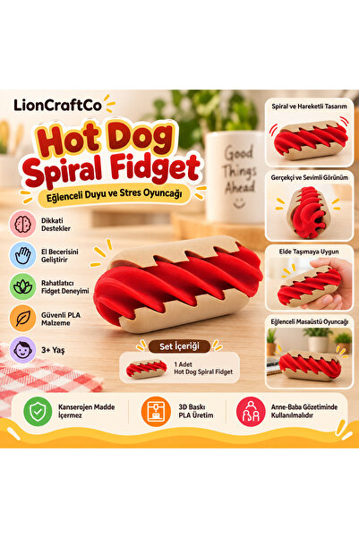 LionCraftCo Sosisli- Hot Dog Spiral Fidget Oyuncak – 3D Baskı PLA Duyu ve Str...