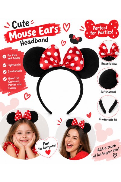SHOP LIKE A PRO Bentiță cu Urechi Mouse și Fundiță Roșie cu Buline, Accesoriu...