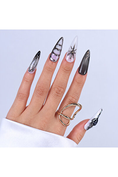 Takma Takma M Beden Gri Nail Art Extra Uzun 10'lu Tekrar Kullanılabilir El Ya...