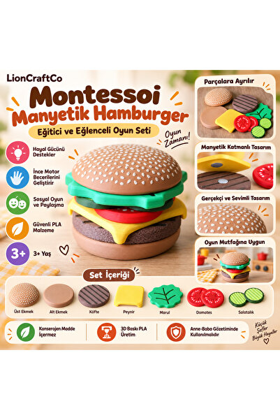 LionCraftCo Montessori Manyetik Hamburger Oyun Seti – 12 Parça Eğitici Mutfak...