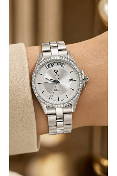 Fiesta Women's Stone Day-Date Display Metal Strap Wristwatch with 2 Year Warr...
