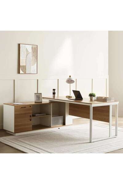 PAN HOME Paramus Executive Desk With Side Cabinet Melamine - Natural & White