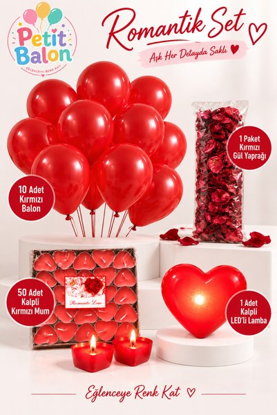 Romantik set 50 Adet Kalpli Mum, 10 Adet Kırmızı Balon, 1 Paket Gül Kurusu , 1 Adet Kalpli Ledli Lamba