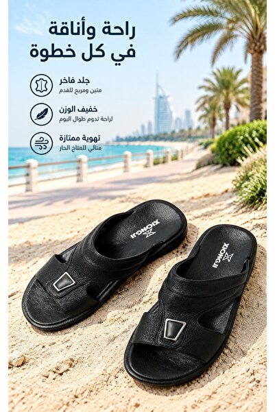 Generic Brand شباشب رجالية جلدية مفتوحة من الأمام، بجزء علوي من الجلد الفاخر،...