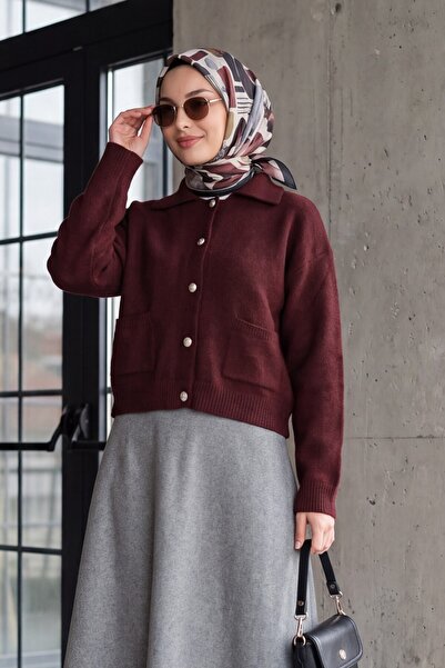 HİJABAYA Double Pocket Shirt Collar Buttoned Soft Long Sleeve Flowy Hijab Kni...