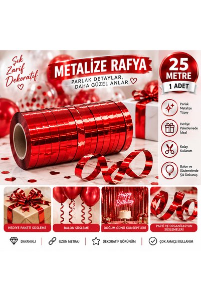 Ezgi Party Store Metalize Kırmızı Rafya 25 Metre 1 Adet Hediye Paketi Balon S...