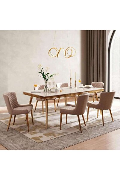 PAN HOME Glasgow 1+6 Dining Set Marble - Beige Gold"