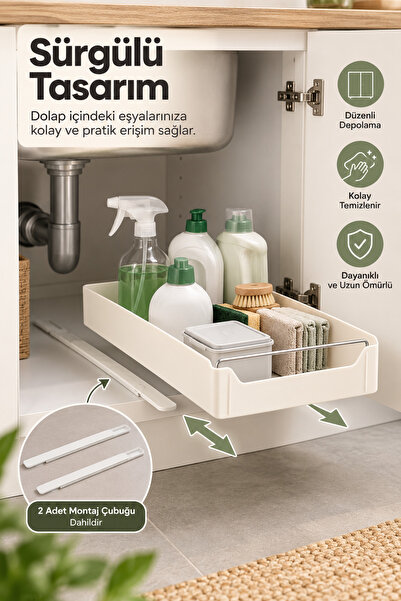 Poomy Sürgülü Dolap İçi Düzenleyici Organizer Raylı Çekmece Mutfak Banyo Lavabo Altı Organizeri 33.5x27 cm