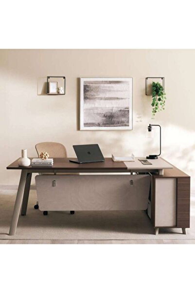 PAN HOME Brooke Office Desk With Side Cabinet Melamine Large - Walnut Grey