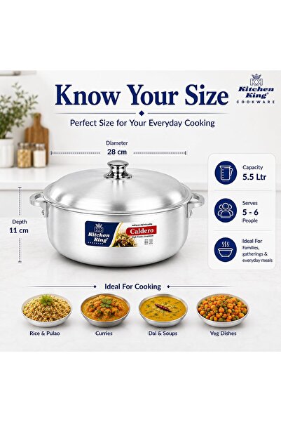 Kitchen King Caldero Aluminium Cooking Pot with Lid 28 cm (5.5 Ltr), Heavy-Duty Wide Base, Shallow Casserole for Biryani, Rice, Curry & Stews, Even Heat Distribution, Dishwasher Safe, Silver