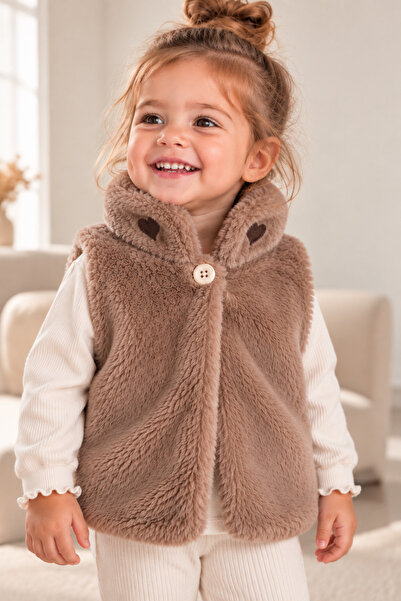 LUESS Kız Bebek Peluş Yelek Kalp Nakışlı Vizon