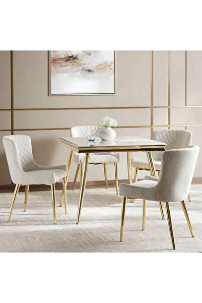 PAN HOME Glasgow V1 1+4 Dining Set Marble - Yellow & Gold