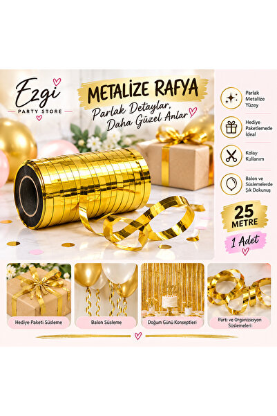 Ezgi Party Store Metalize Gold Rafya 25 Metre 1 Adet Hediye Paketi Balon Süsl...