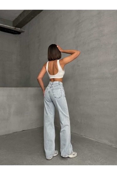 DRC trend Madel Women's Ice Snow Wash Blue Lycra Super High Waist Loose Jeans Palazzo Trousers