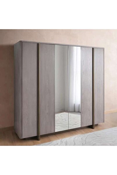 PAN HOME Arelis 6 Door Wardrobe With Mirror - Light Brown